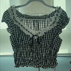 SHEIN Monochrome Gingham Blouse with Lace Trim